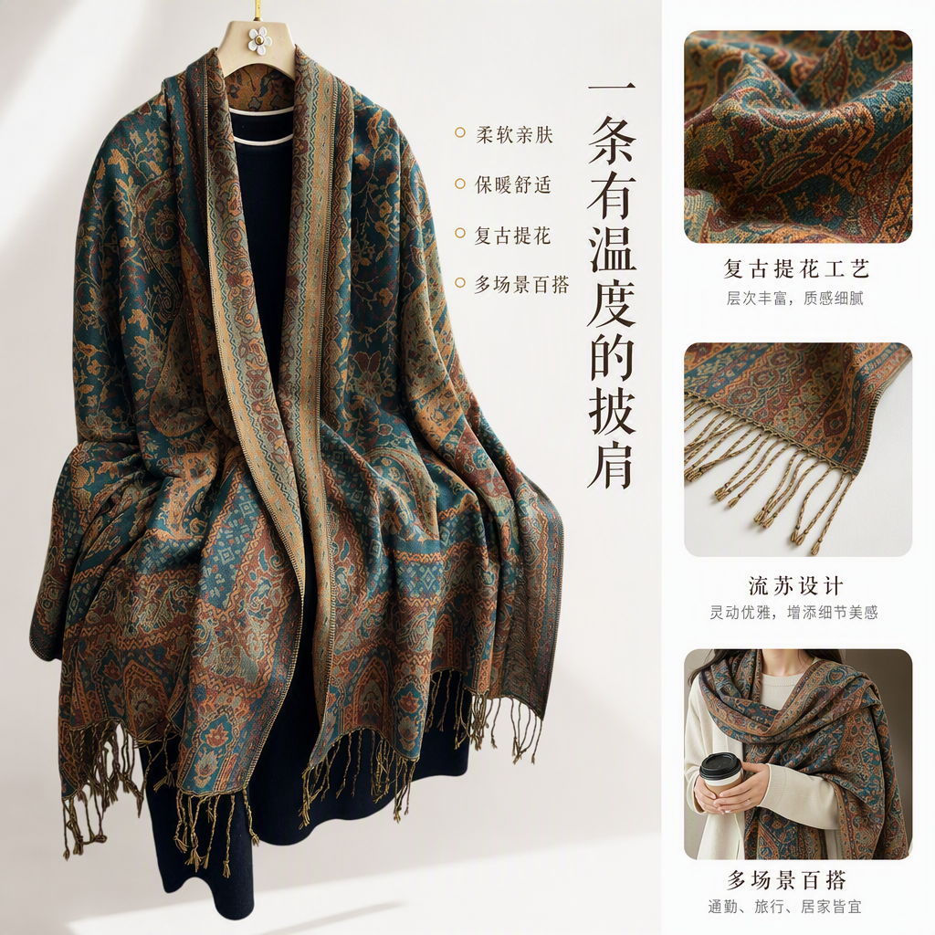 This retro-patterned green scarf is a versatile, fashionable and elegant spring and autumn shawl, a long Korean-style trendy new product for women