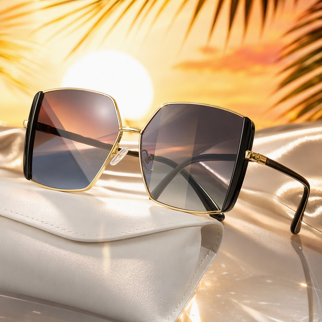 Fashionable gold-framed black lens sunglasses with a white portable case, trendy and casual sunglasses for both men and women Specification image
