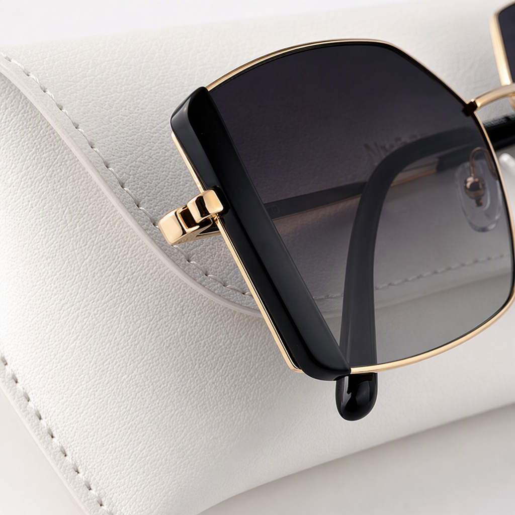 Fashionable gold-framed black lens sunglasses with a white portable case, trendy and casual sunglasses for both men and women Application Scenario