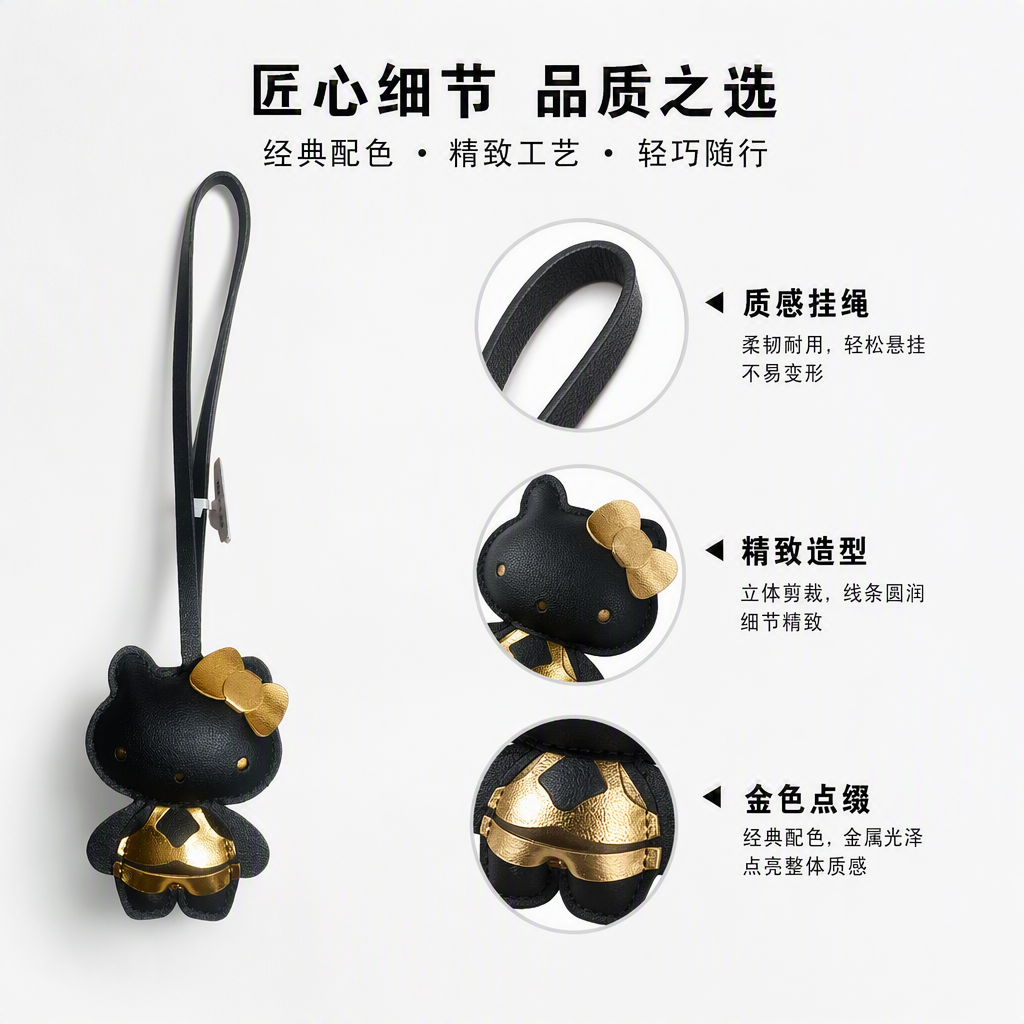 黑色皮革Hello Kitty挂件金色蝴蝶结装饰可爱钥匙扣挂饰礼品赠品