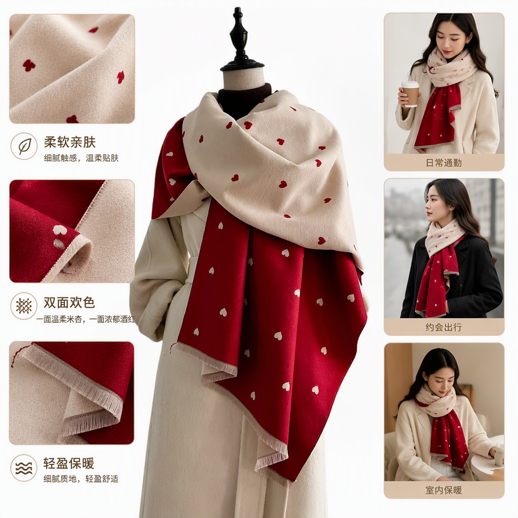 Fashionable heart-shaped pattern long scarf, soft and warm, versatile for autumn and winter, couple's casual shawl, women's style