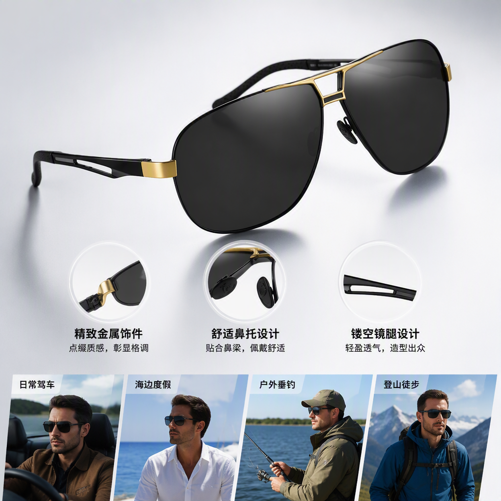 Trendy black gold edge gafas de sol mostradas en blanco stand redondo alta tendencia accesorios hombre y mujer