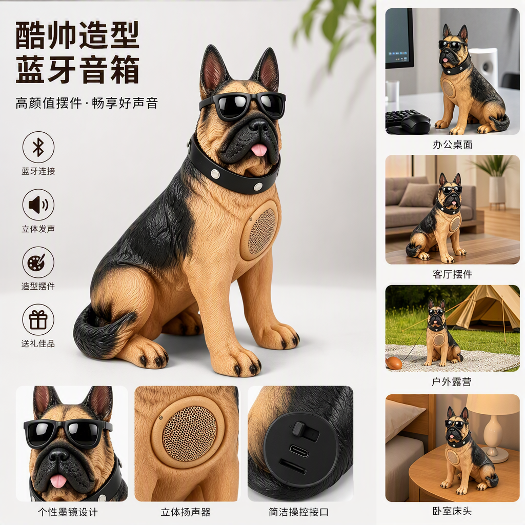 A new creative Bluetooth speaker in the shape of a German Shepherd wearing sunglasses Item Picture