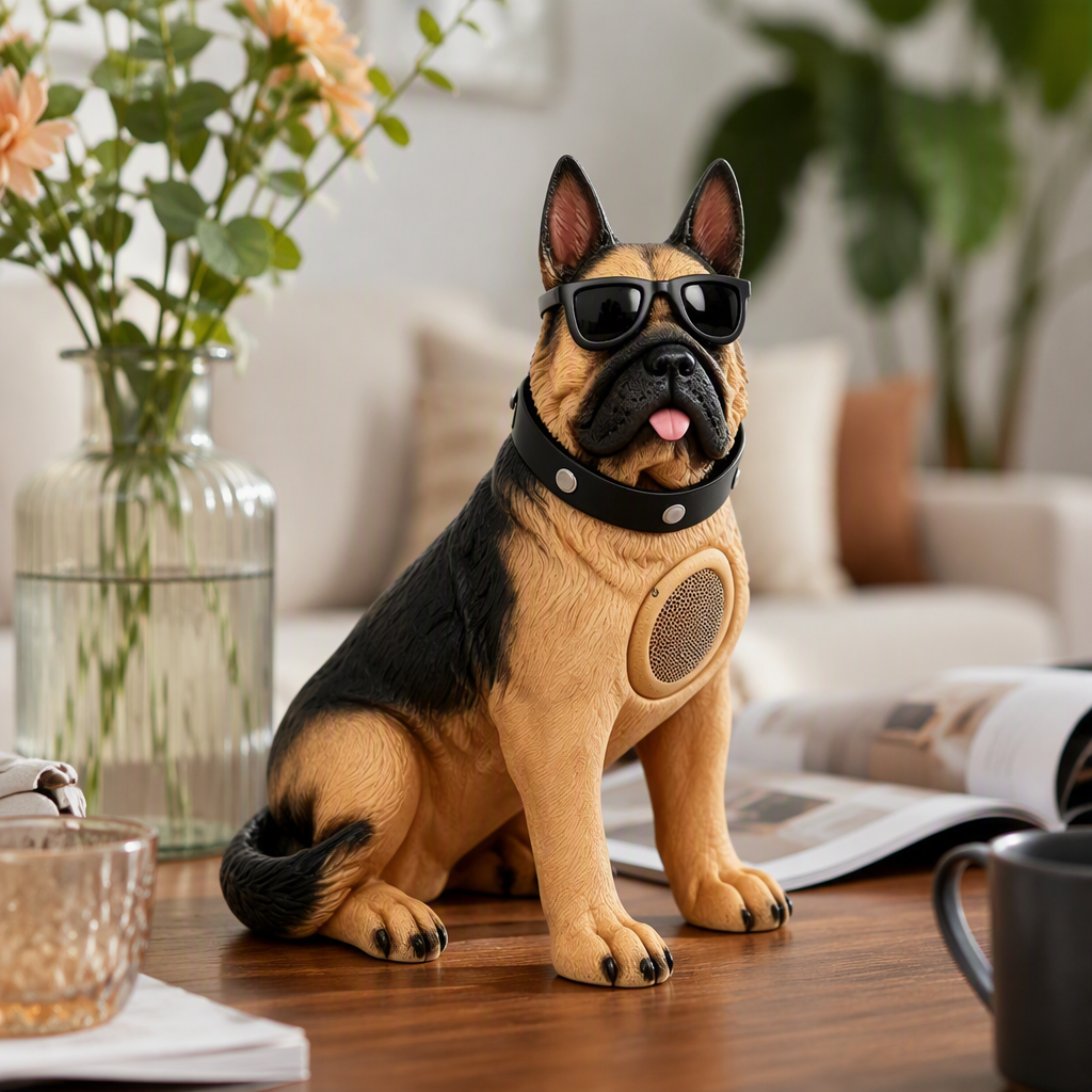 A new creative Bluetooth speaker in the shape of a German Shepherd wearing sunglasses details Picture