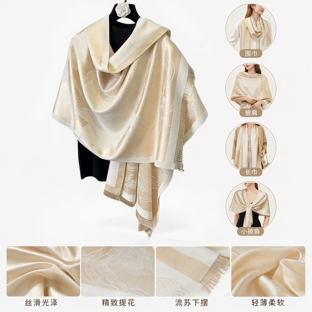 Elegant beige jacquard shawl, versatile for spring and autumn, soft and warm women's scarf, casual and fashionable shawl accessory