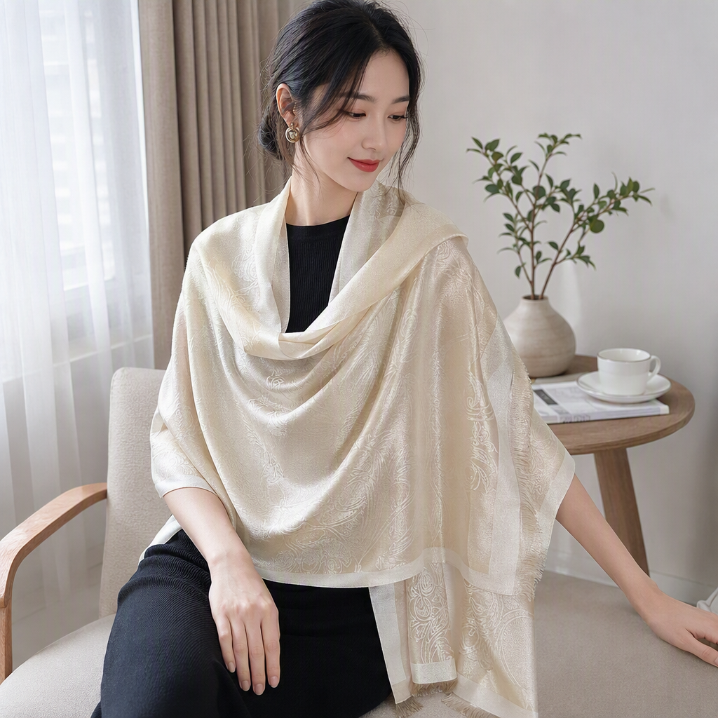 Elegant beige jacquard shawl, versatile for spring and autumn, soft and warm women's scarf, casual and fashionable shawl accessory details Picture