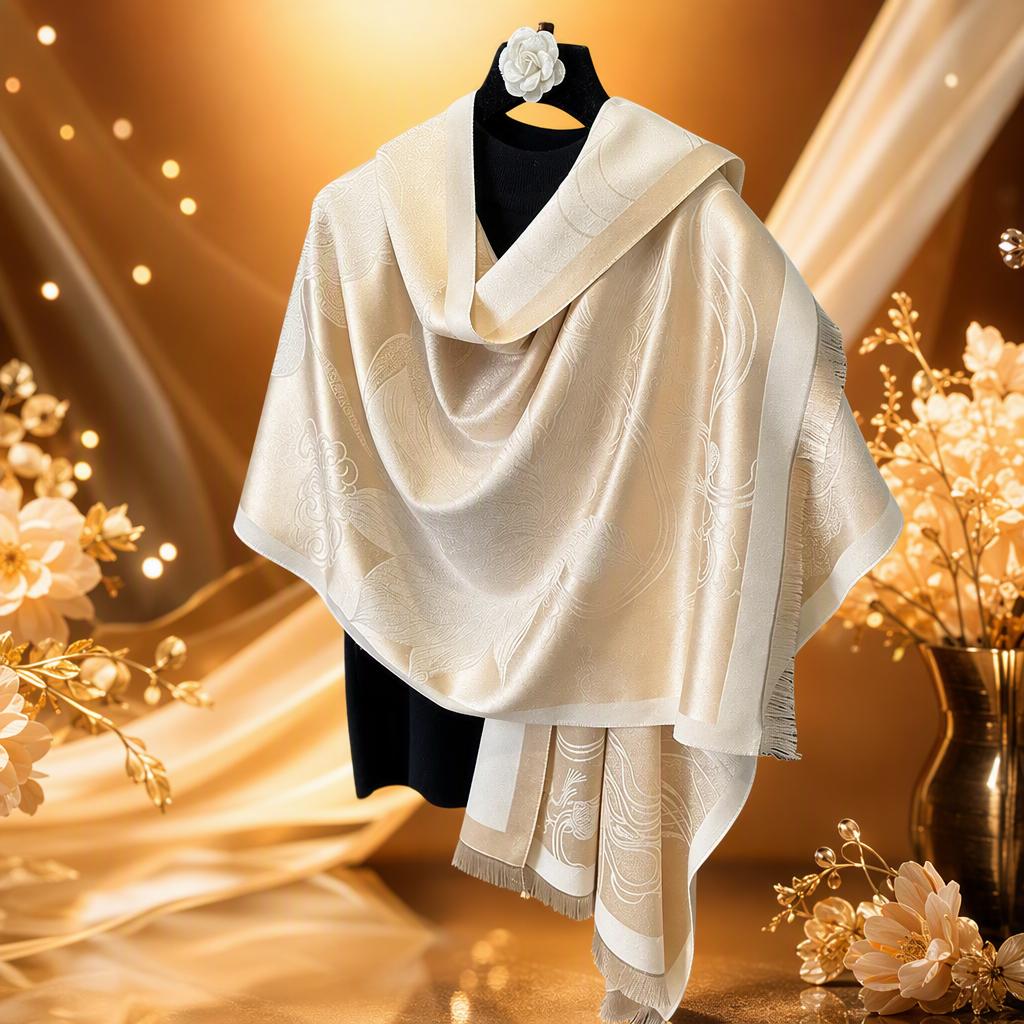 Elegant beige jacquard shawl, versatile for spring and autumn, soft and warm women's scarf, casual and fashionable shawl accessory Specification image