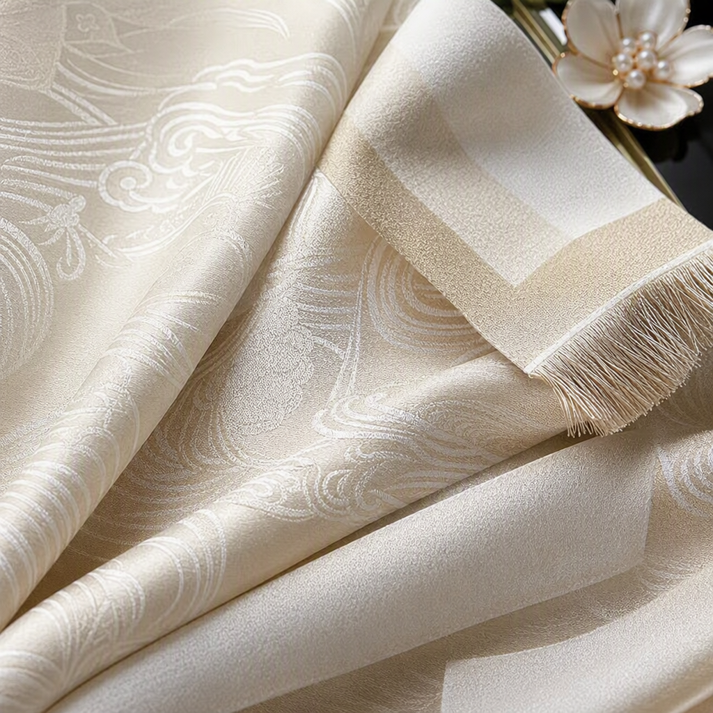 Elegant beige jacquard shawl, versatile for spring and autumn, soft and warm women's scarf, casual and fashionable shawl accessory Application Scenario