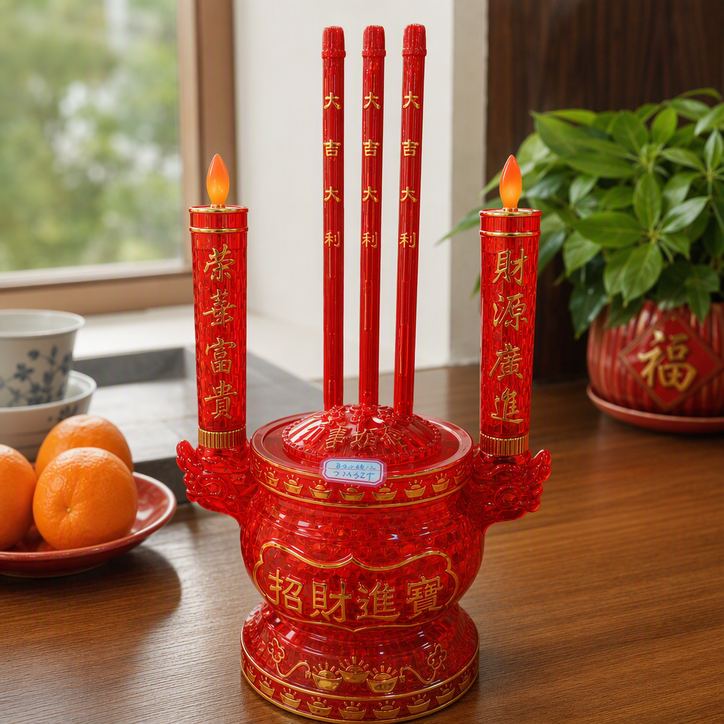 A red wealth-attracting incense burner decoration with three auspicious candles, symbolizing prosperity, wealth and abundance. It is a decorative item for good fortune and feng shui details Picture