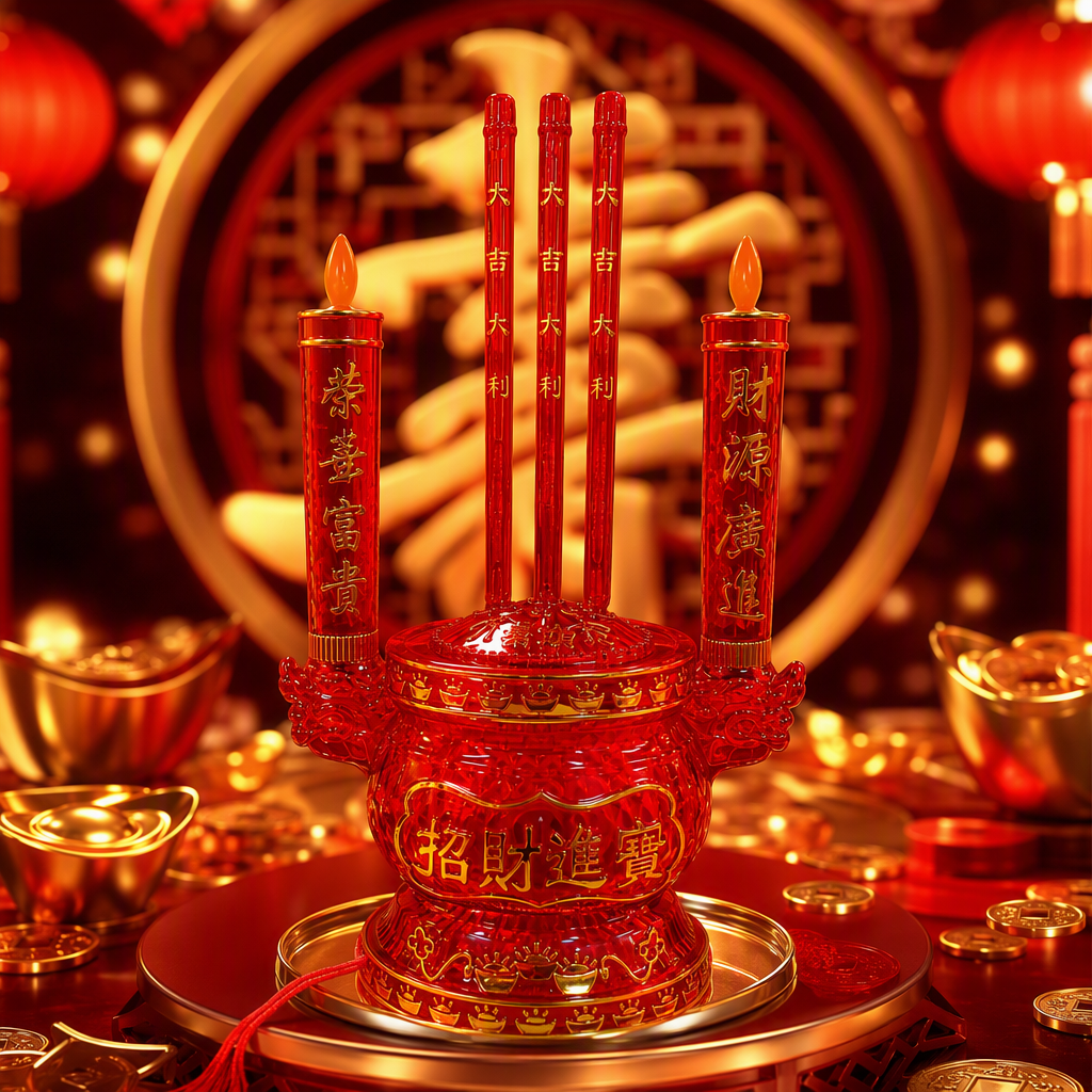A red wealth-attracting incense burner decoration with three auspicious candles, symbolizing prosperity, wealth and abundance. It is a decorative item for good fortune and feng shui Specification image