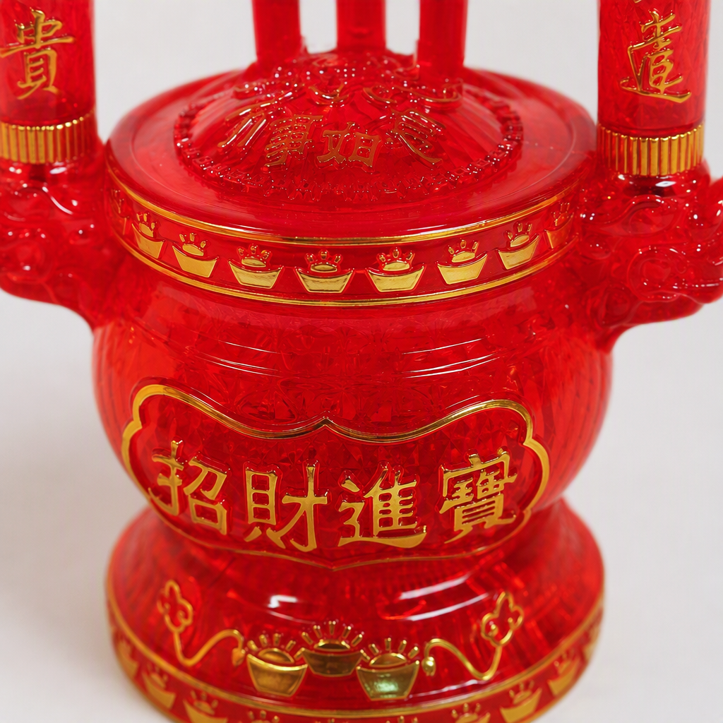 A red wealth-attracting incense burner decoration with three auspicious candles, symbolizing prosperity, wealth and abundance. It is a decorative item for good fortune and feng shui Application Scenario