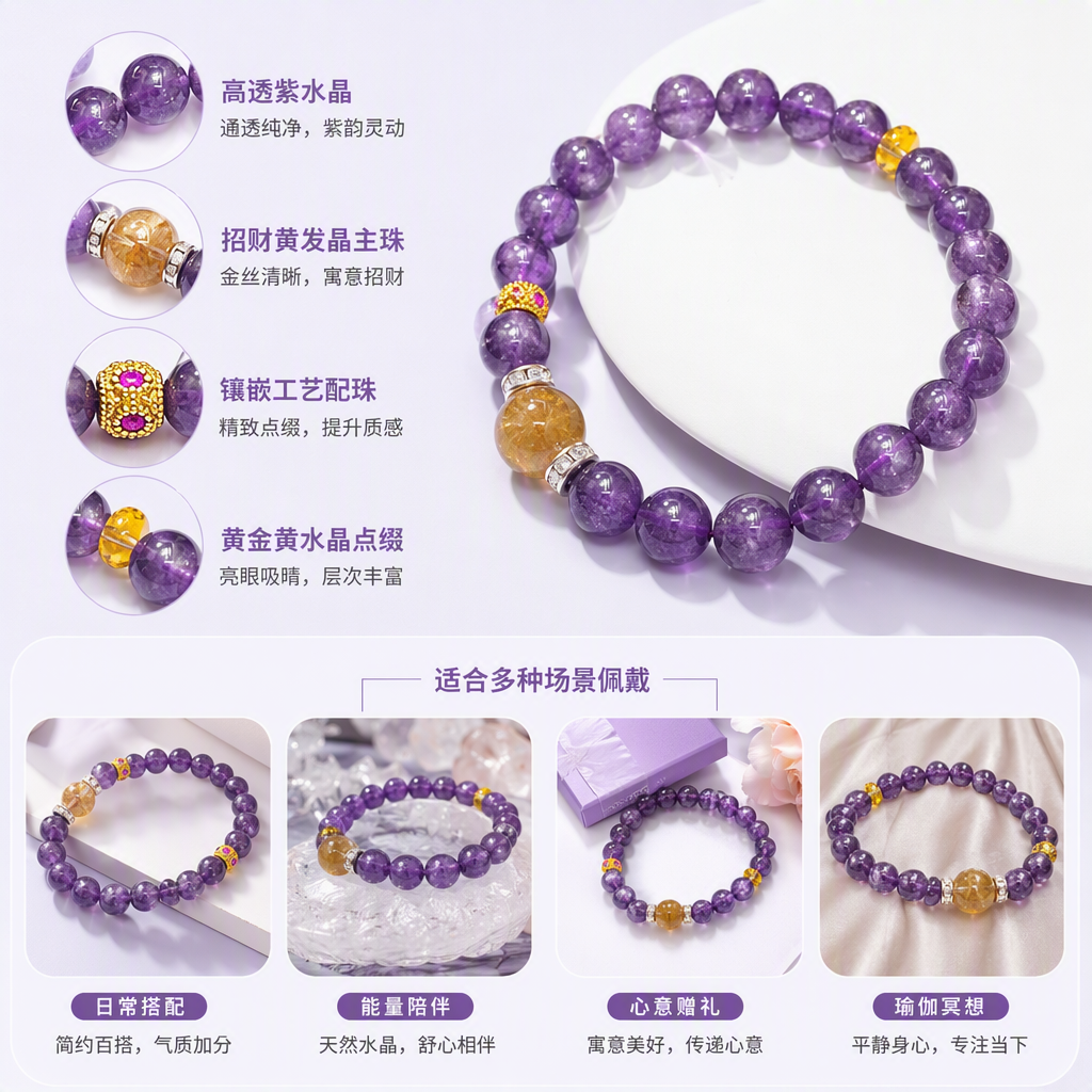 时尚优雅紫色水晶手链女款手饰简约气质手链情侣手链学生礼物