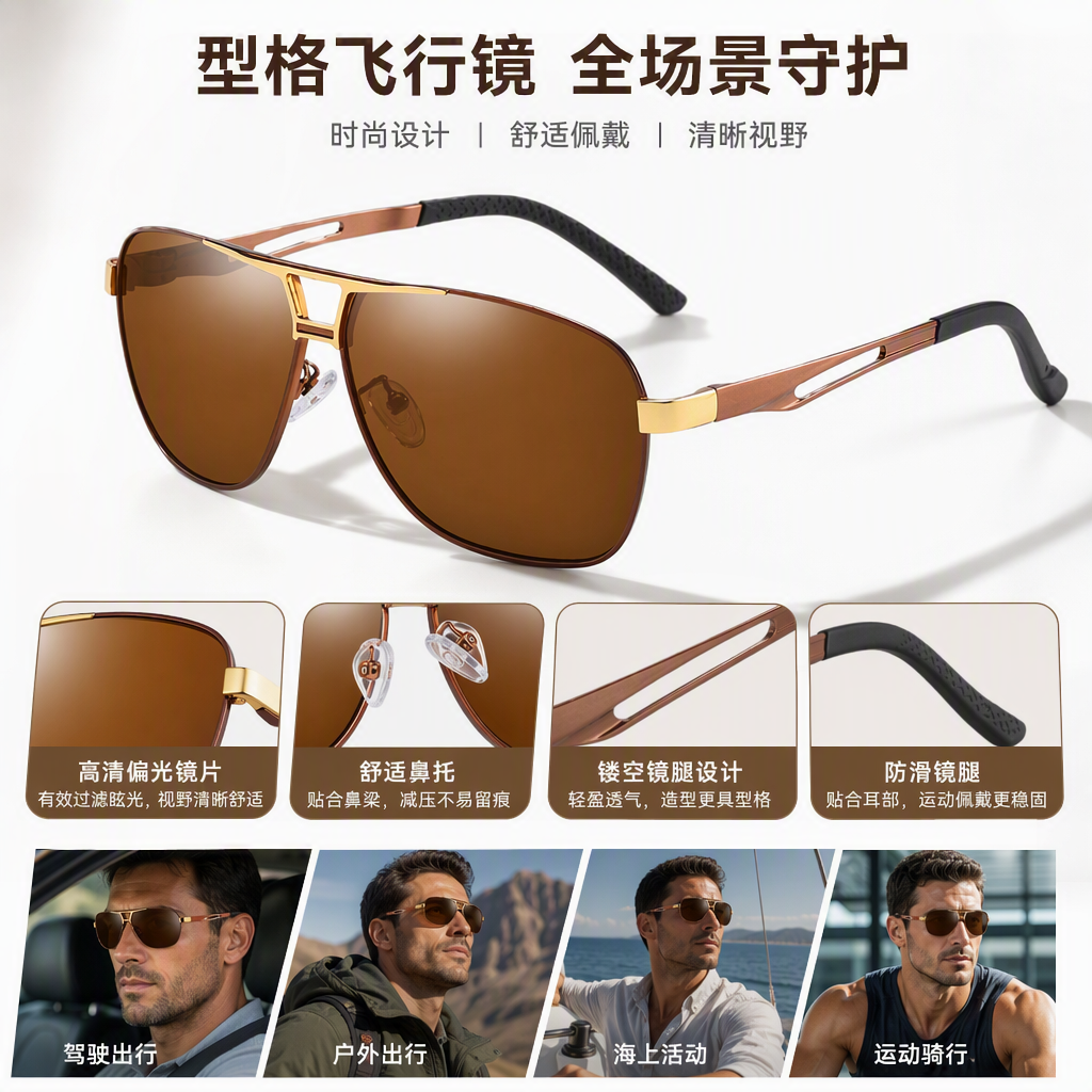 Montura de metal de moda lentes marrones gafas de sol polarizadas protección uv para hombre y mujer tendencia gafas de sol