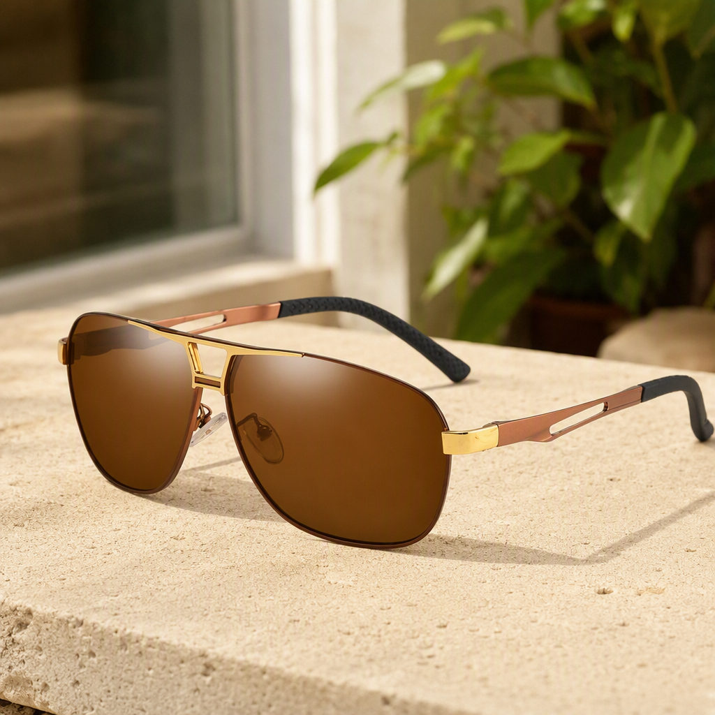 Fashionable metal-framed brown lens sunglasses with polarized UV protection for both men and women details Picture