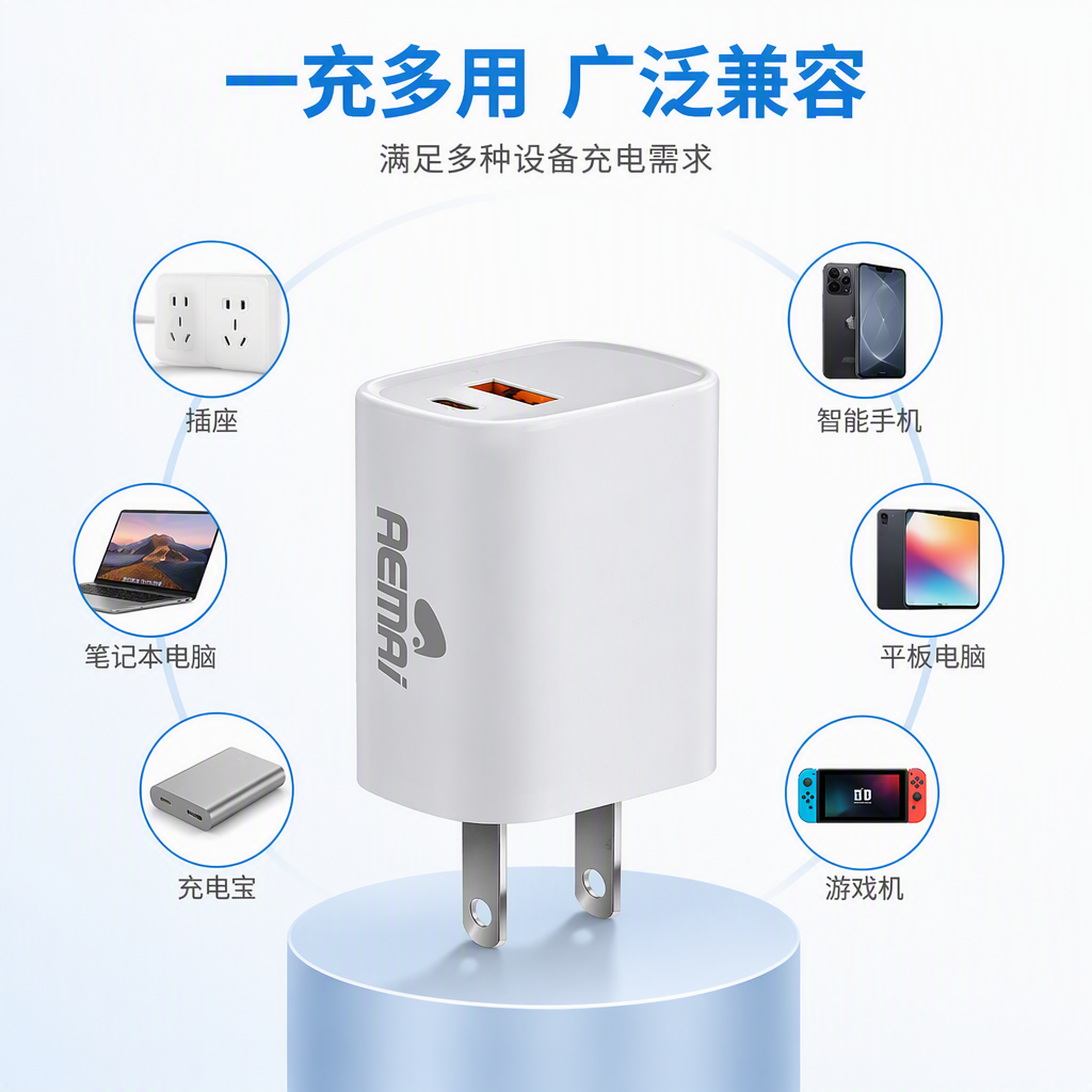 The multi-functional portable fast charging adapter supports fast charging. It is a gray power adapter and a universal charger for mobile phones and tablets
