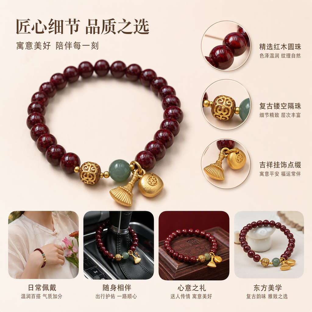 Rojo bermellón cuentas cadena pulsera oro fan lingotes de oro verde jade cuentas colgante moda 100 accesorios para mujeres