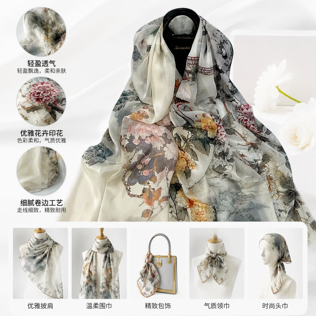 Fashionable printed silk scarves are versatile. The new spring and summer lightweight and soft women's scarves and shawls are trendy and versatile accessories