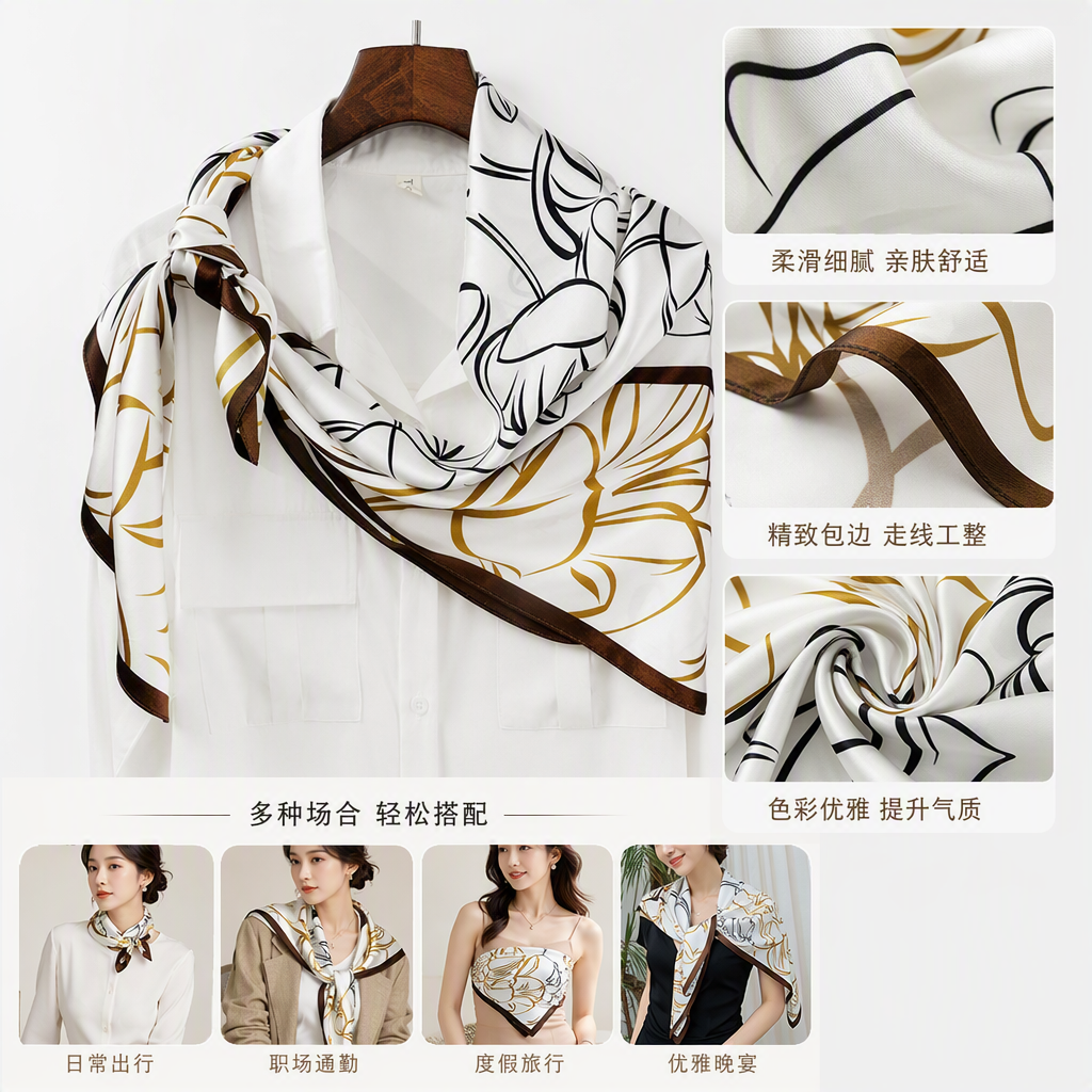 A white shirt paired with a black and gold floral pattern silk scarf is a fashionable, versatile and elegant accessory for women