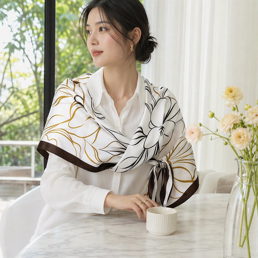 A white shirt paired with a black and gold floral pattern silk scarf is a fashionable, versatile and elegant accessory for women details Picture