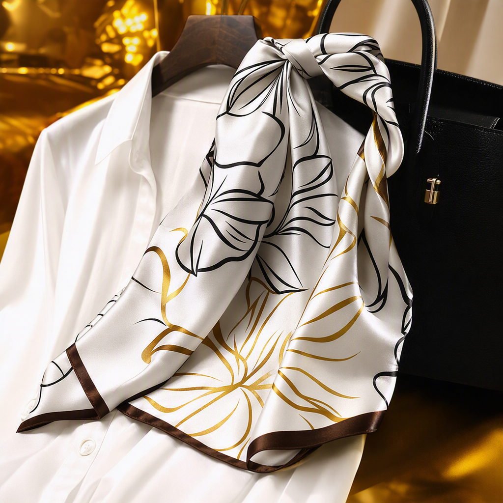 A white shirt paired with a black and gold floral pattern silk scarf is a fashionable, versatile and elegant accessory for women Specification image