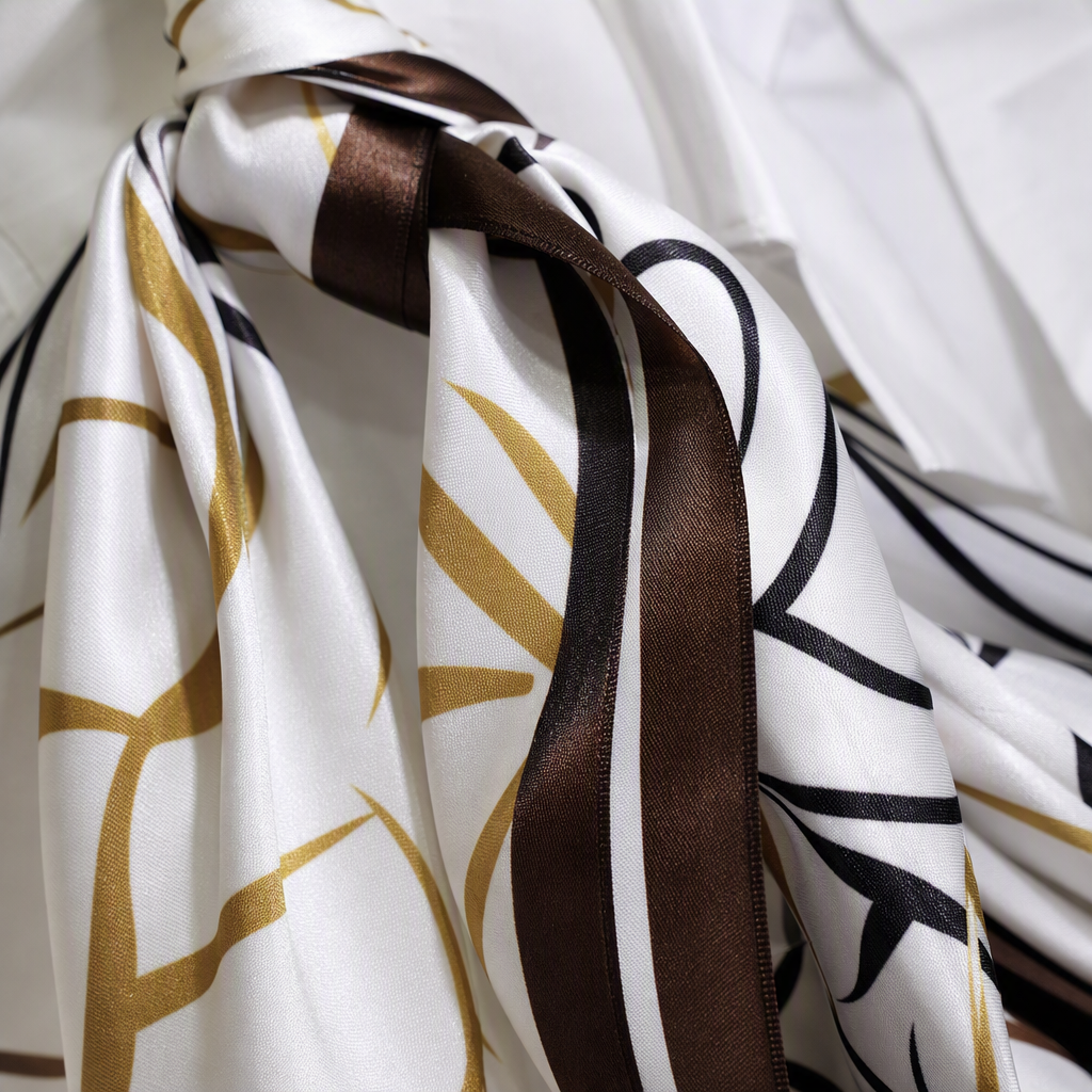 A white shirt paired with a black and gold floral pattern silk scarf is a fashionable, versatile and elegant accessory for women Application Scenario