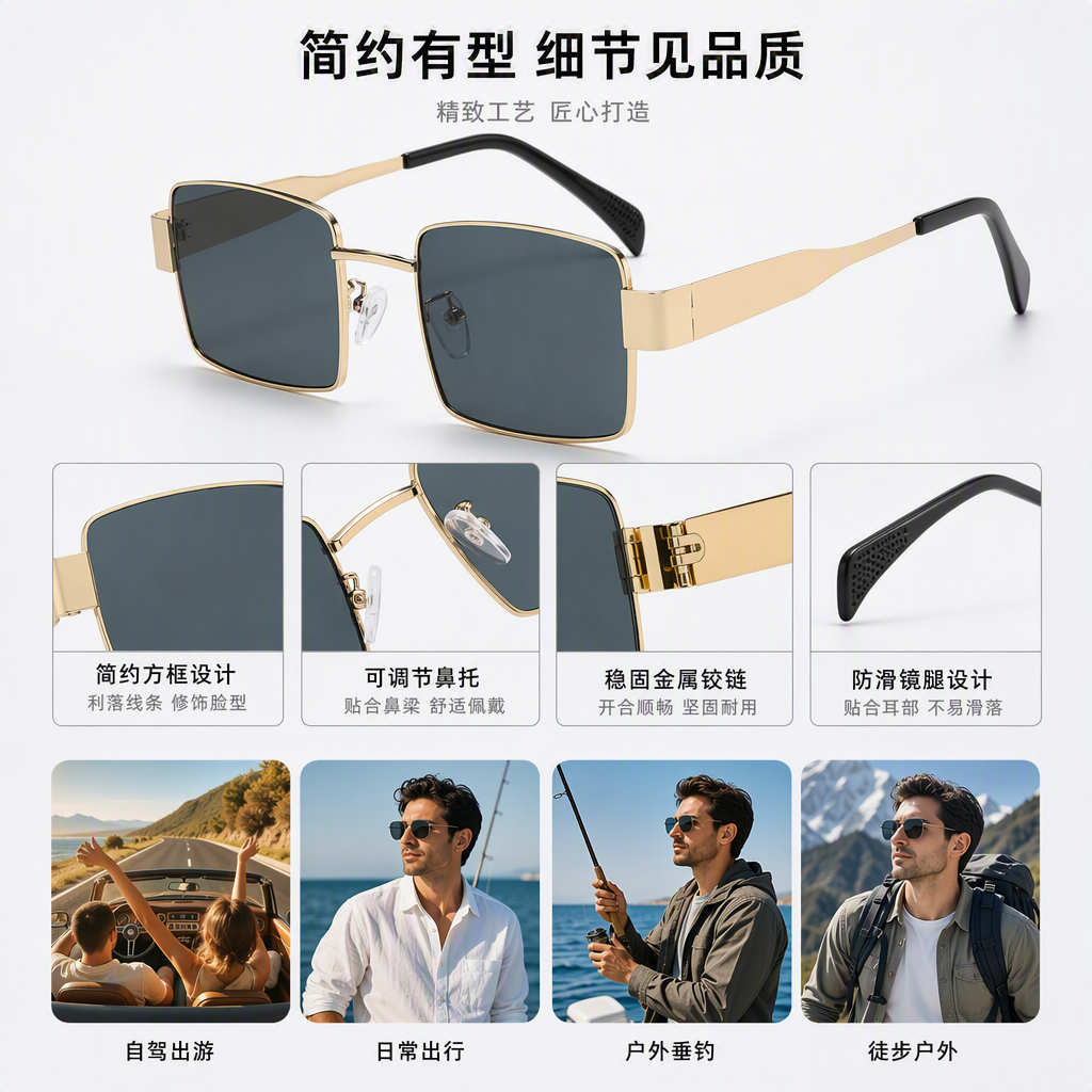 Fashionable gold-framed black lens sunglasses with polarized UV protection, trendy and casual sunglasses for both men and women