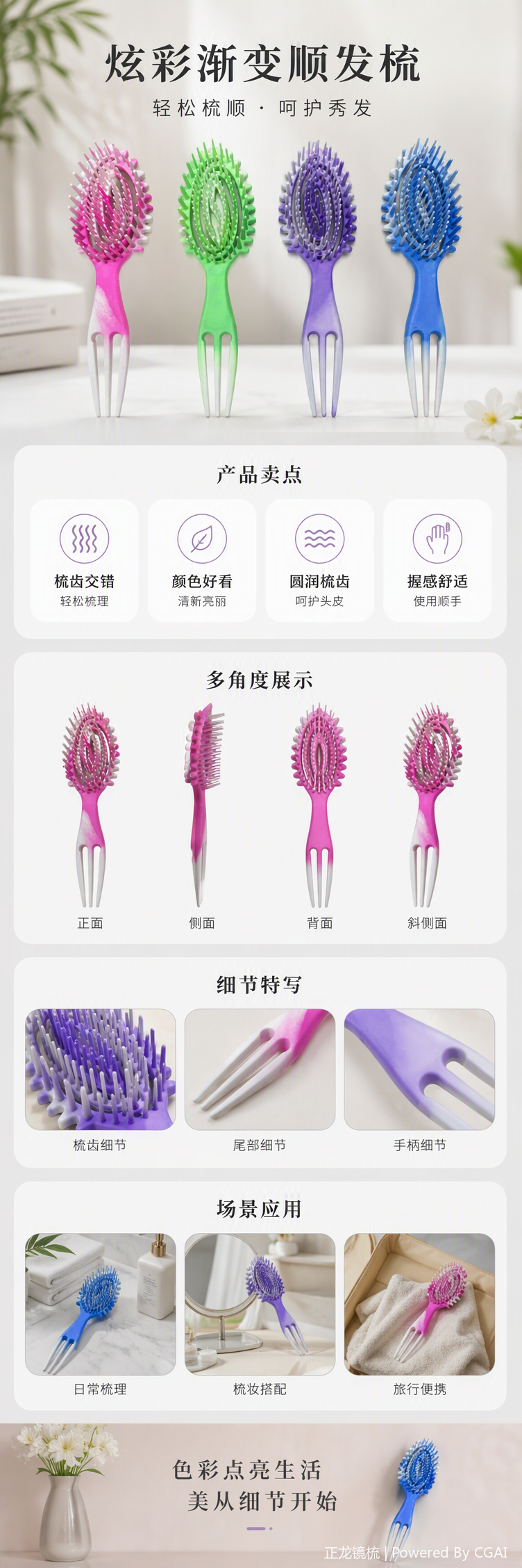 多彩塑料梳子时尚便携彩色发梳美容梳子发型整理工具详情1