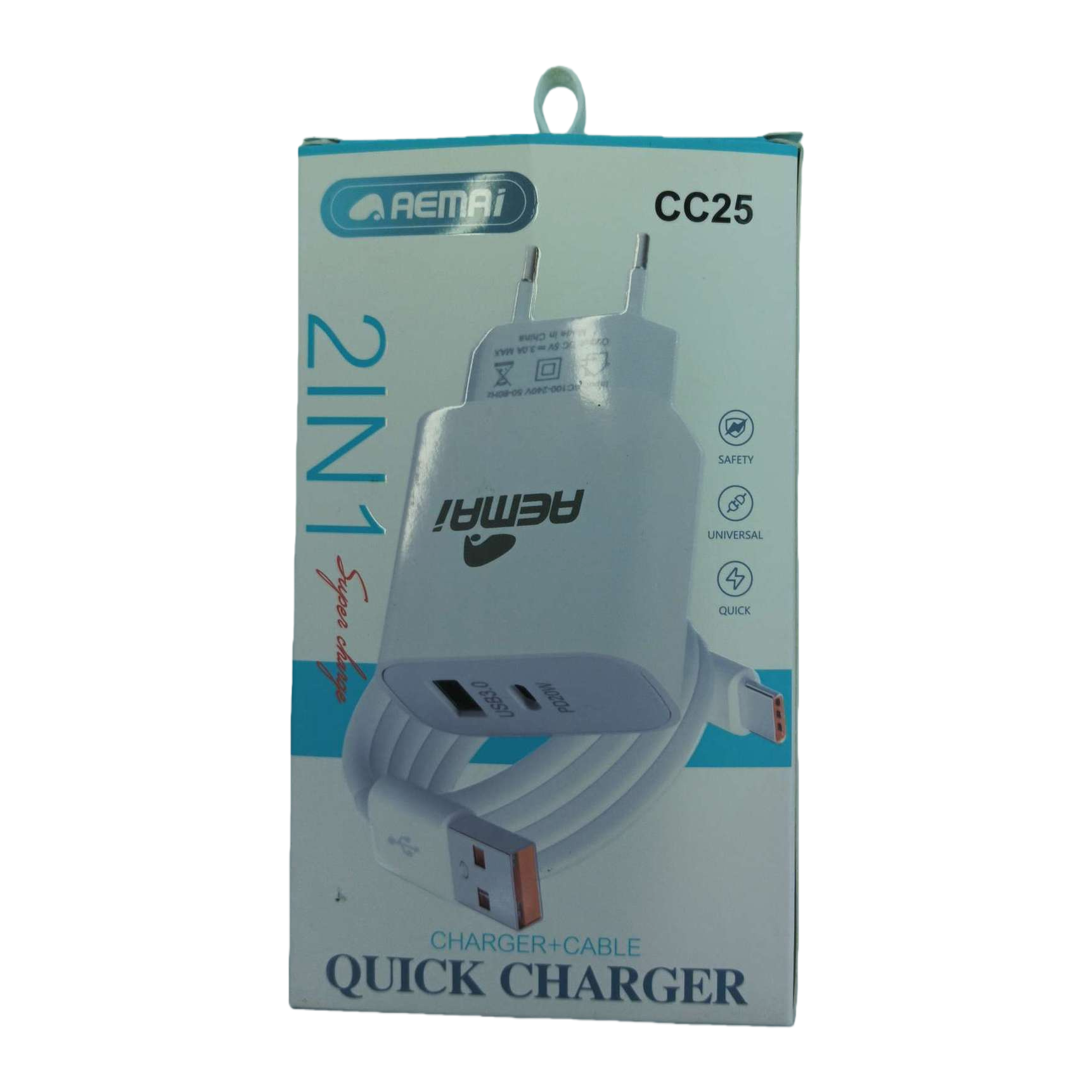 The white charger packaging box is portable and durable, suitable for multiple mobile phone accessories. The storage box features a simple design Specification image