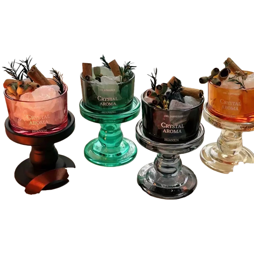 Colored glass aroma diffuser, high base, multi-color crystal salt, cinnamon and eucalyptus decorative aroma instrument Item Picture