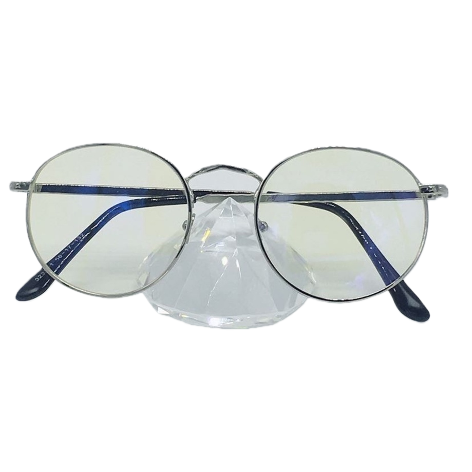 Fashionable silver round-framed glasses, dark blue temple display stand, transparent crystal base ornament collectible Item Picture