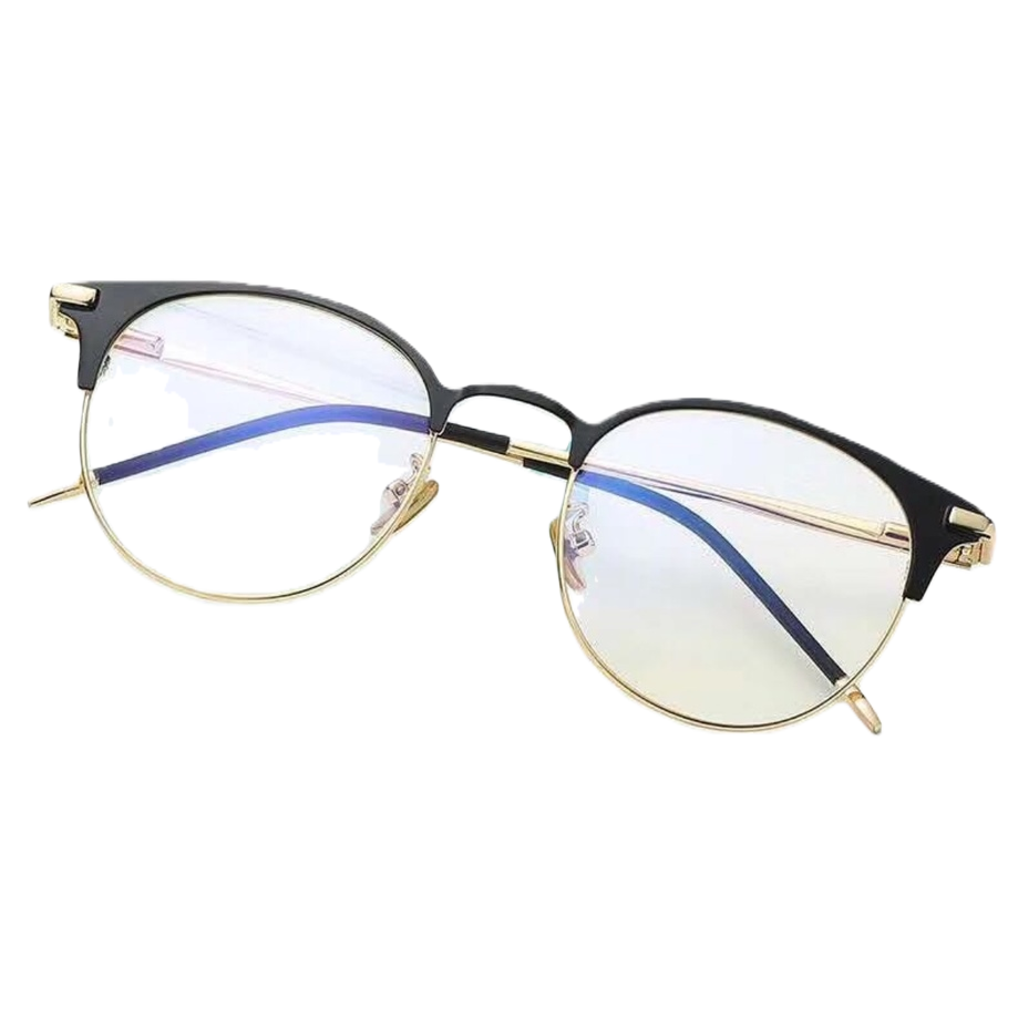 Fashionable gold-rimmed round glasses are displayed on a transparent glass stand as a simple and high-end accessory Item Picture