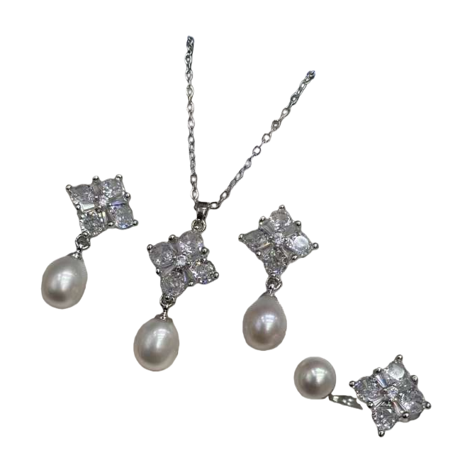 Fashionable silver pearl and diamond jewelry set for women's wedding and wedding accessories, elegant and full set of accessories Item Picture