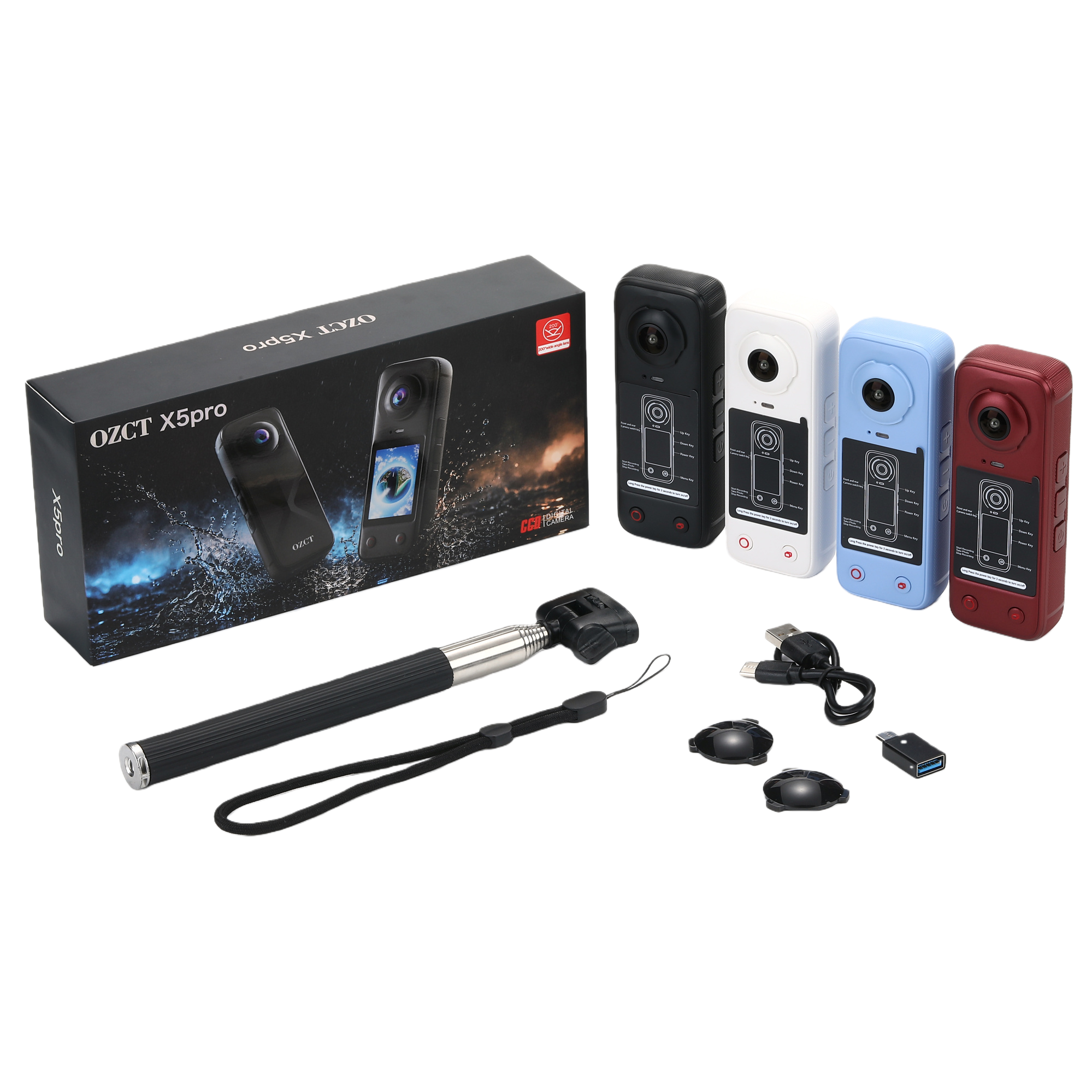 Cámara de cuatro colores caja negra palo selfie manual cable de carga cubierta de lente adaptador USB conjunto portátil accesorios para fotos Item Picture
