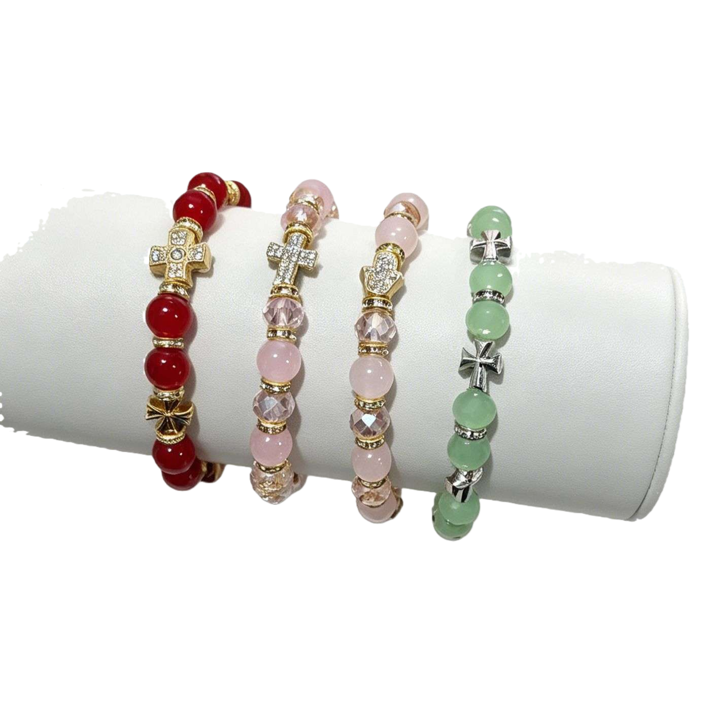 The white hand model showcases a multi-color bead bracelet in red, pink and green tones, paired with a metal cross-shaped hand accessory, making it a fashionable hand accessory Item Picture