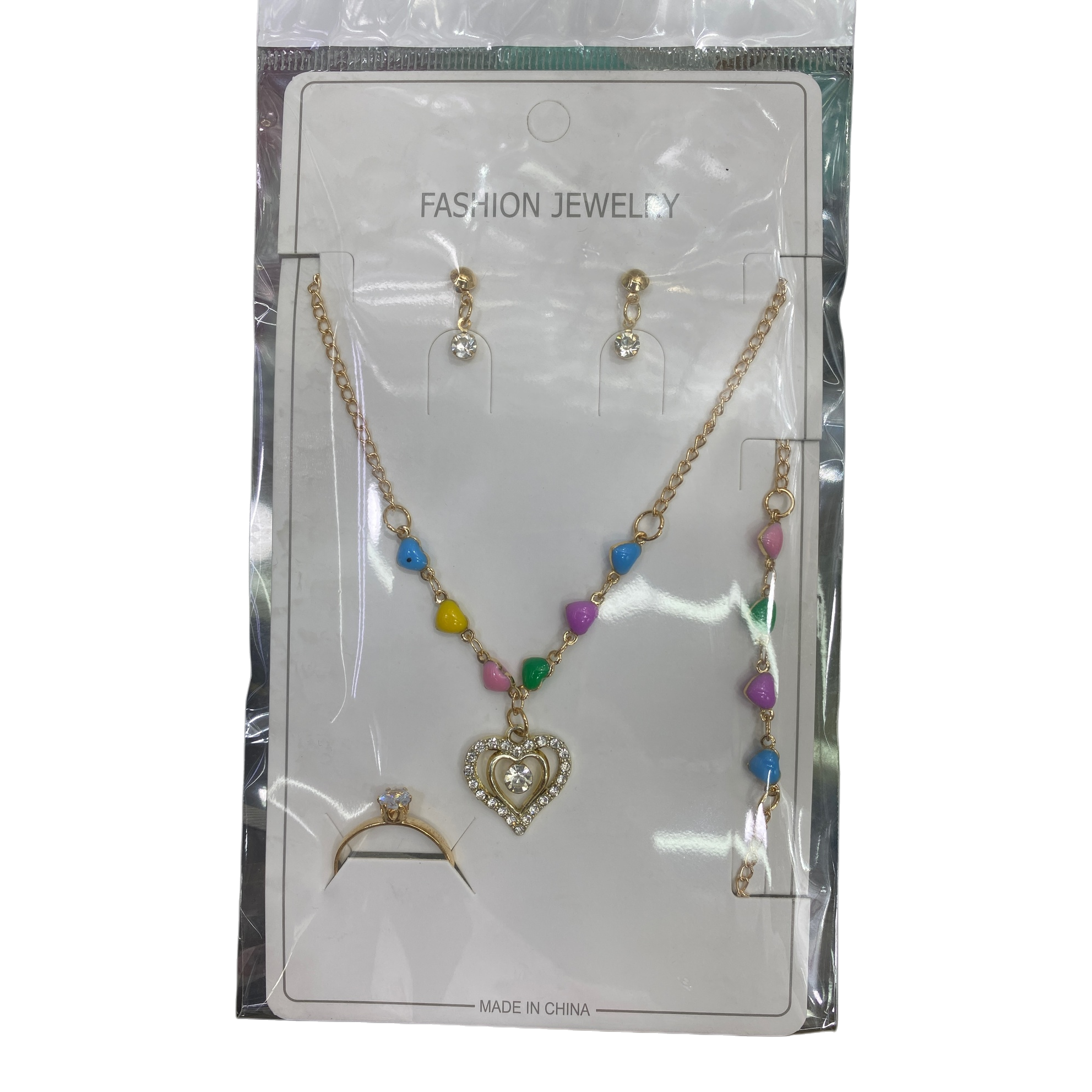 Colorful heart-shaped jewelry set, necklace, bracelet, earrings, ring, trendy and versatile couple style gift box set Item Picture