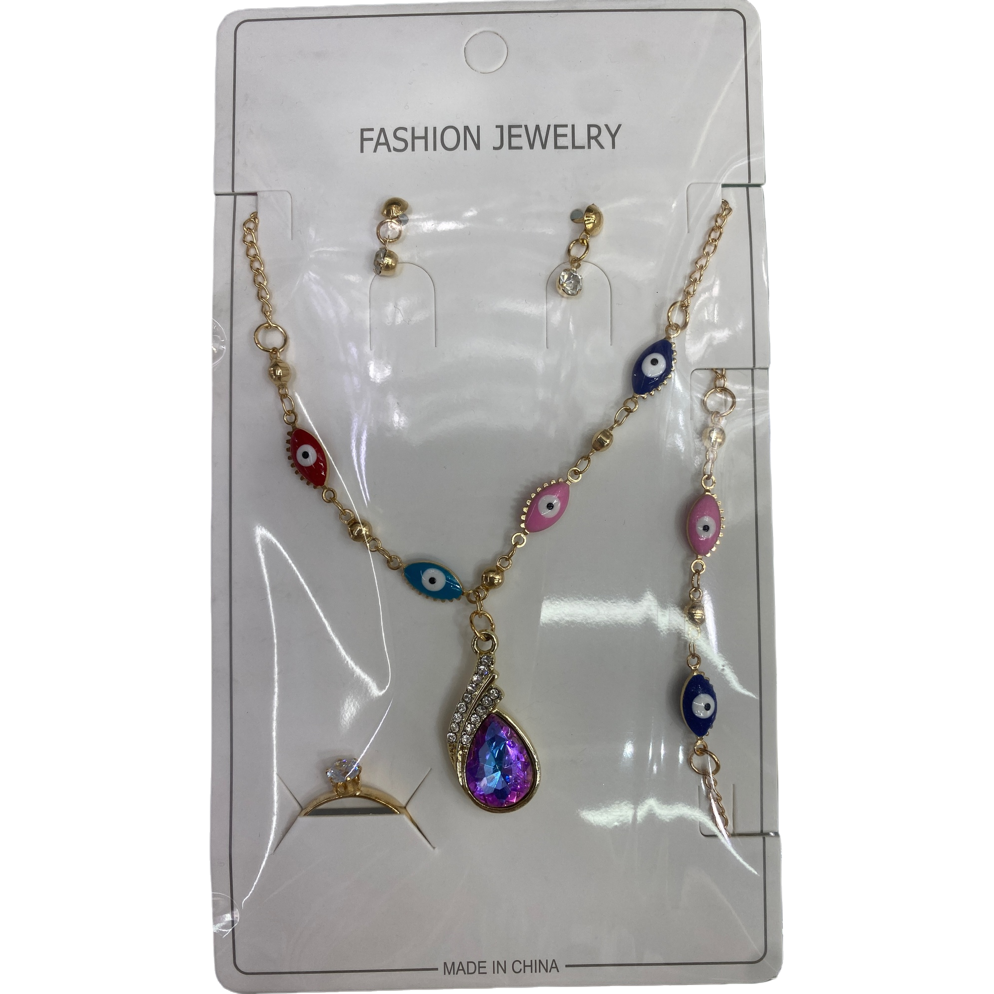 Golden chain, colorful evil eye pendant set, necklace, stud earrings, ring bracelet, fashionable and trendy accessory combination Item Picture