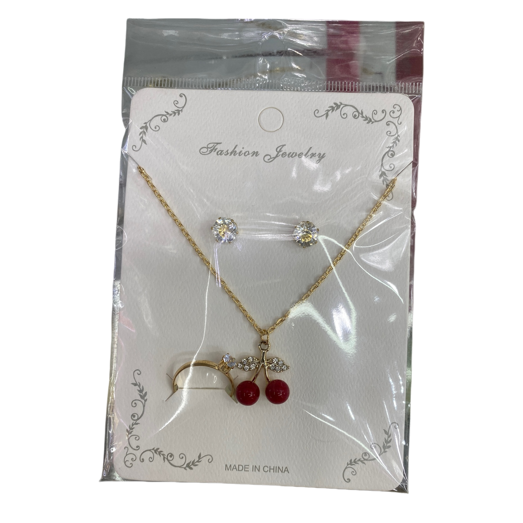 Golden cherry-themed fashion jewelry set: Necklace, stud earrings, ring, trendy women's accessories combination Item Picture