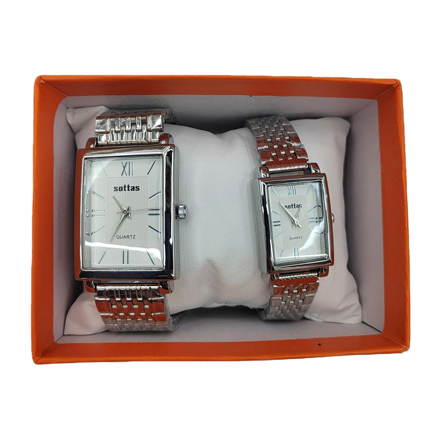 العلبة البرتقالية المصنوعة من المعدن الفضي مع ساعة كوارتز مربعة Item Picture