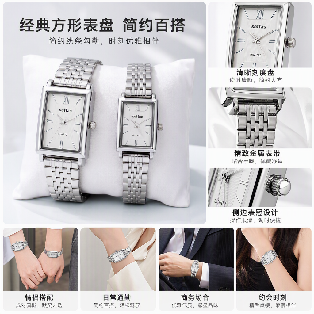 Orange gift box, silver metal strap, square quartz watch, a fashionable and casual gift