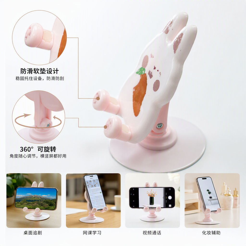 Cute pink rabbit-shaped phone stand, creative multi-functional desktop support, adjustable portable accessory