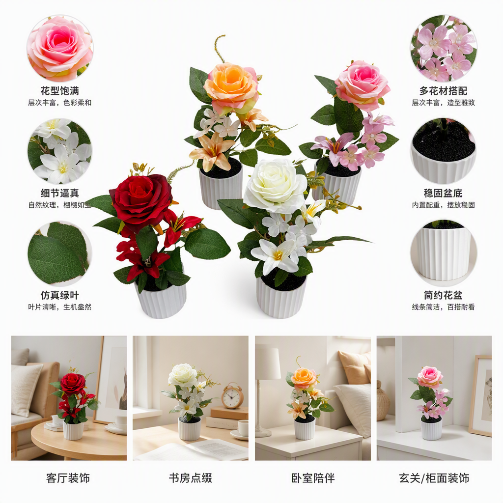Colorful artificial flower potted plant set, creative combination of indoor green plant decoration, multi-color flower ornaments, home decoration items