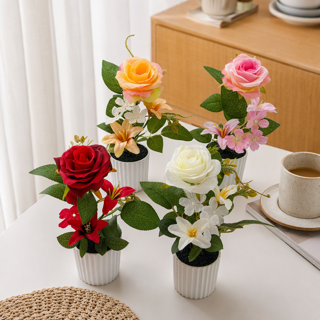 Colorful artificial flower potted plant set, creative combination of indoor green plant decoration, multi-color flower ornaments, home decoration items details Picture