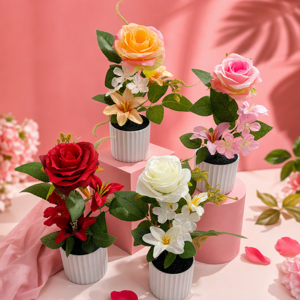 Colorful artificial flower potted plant set, creative combination of indoor green plant decoration, multi-color flower ornaments, home decoration items Specification image