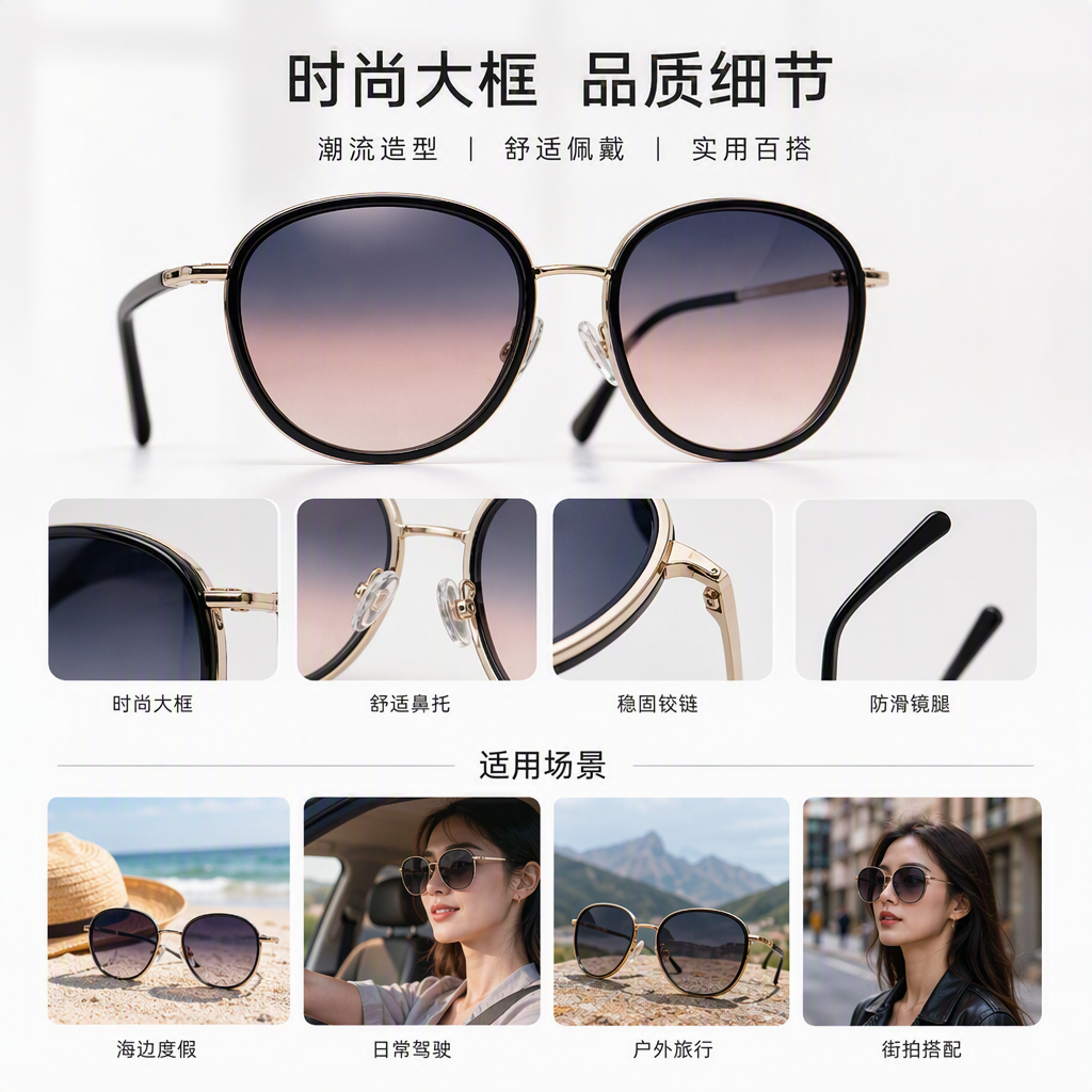 Fashionable polarized sunglasses with golden temples and gradient black frames for both men and women, trendy accessories