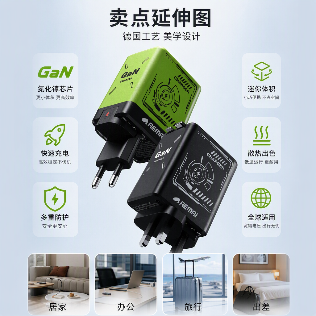 The multi-color charger packaging box is a simple and portable storage box in green and black, suitable for multiple electronic devices