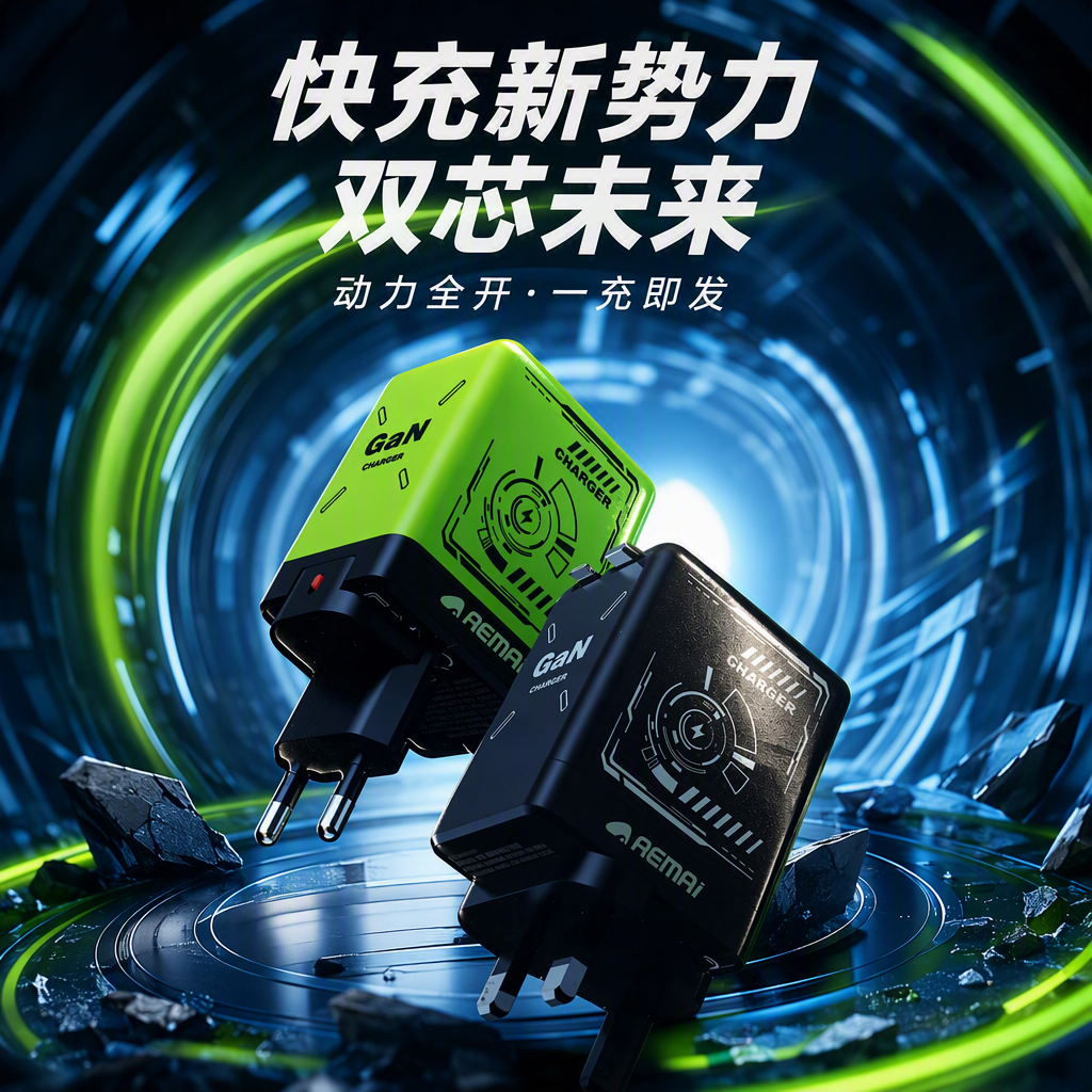 The multi-color charger packaging box is a simple and portable storage box in green and black, suitable for multiple electronic devices Specification image