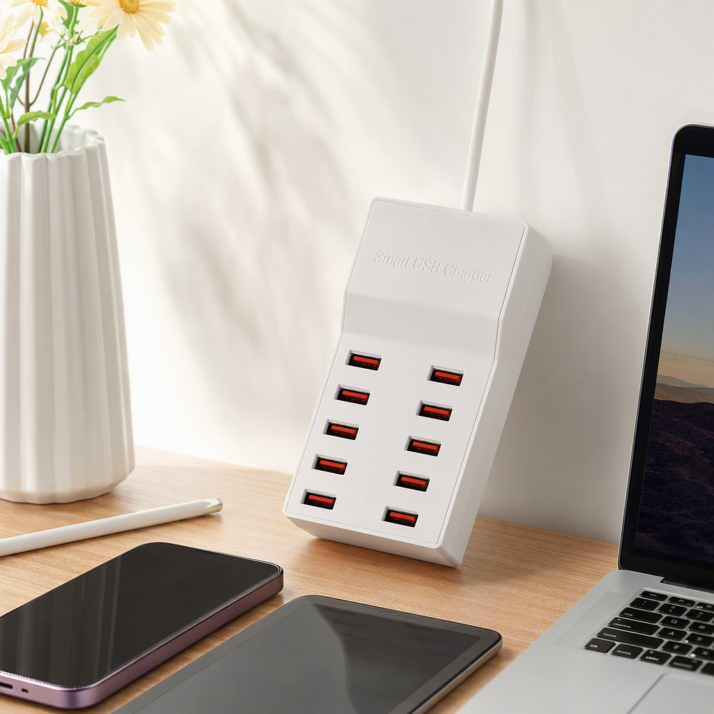 The multi-functional white charger storage box is portable, durable and suitable for multiple devices. It features a simple design details Picture