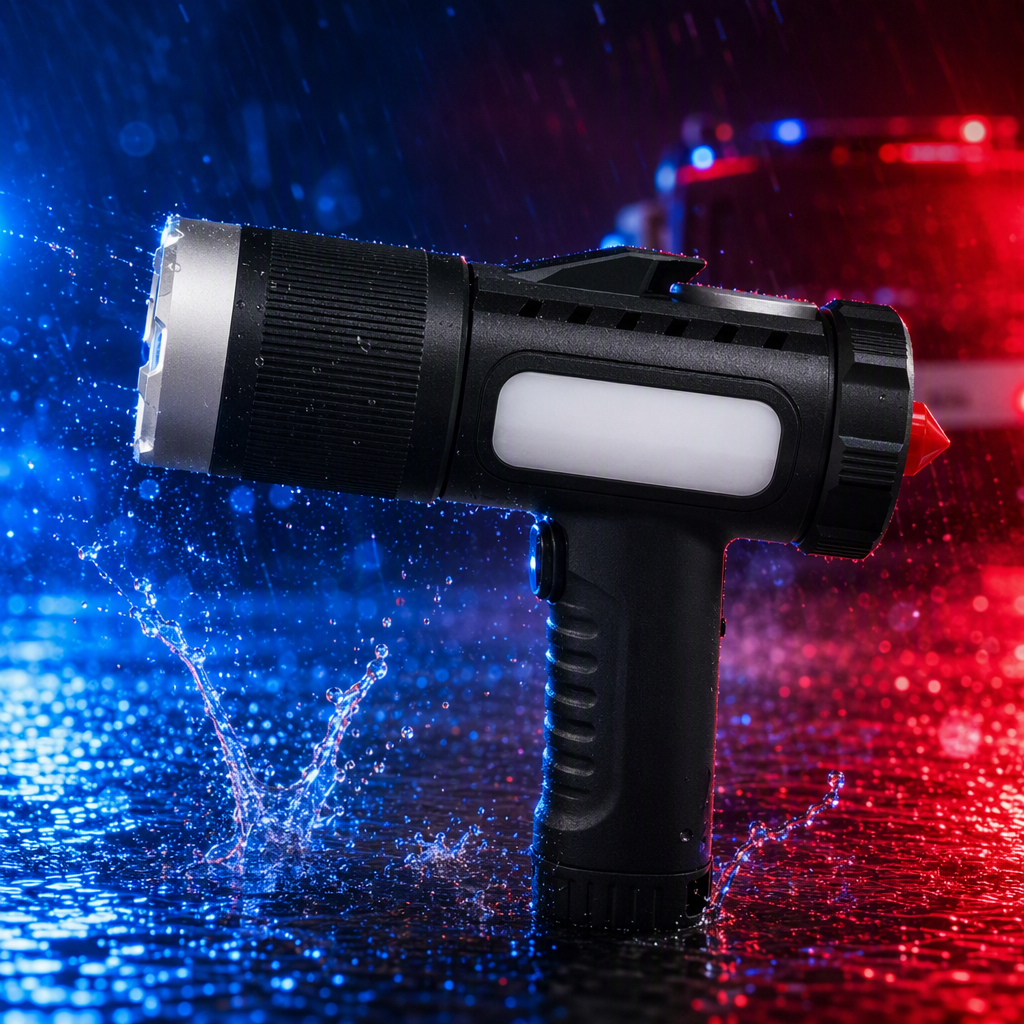 New multi-functional flashlight with window-breaking function, zoom with charging side light, outdoor emergency home flashlight