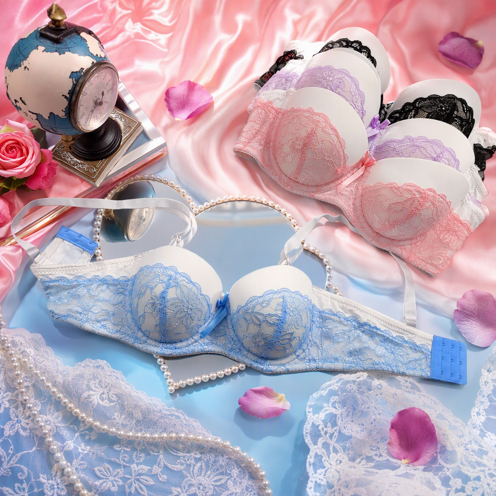 A comfortable, breathable and sexy bra with a white base color, blue lace decoration and colorful lace edges Specification image
