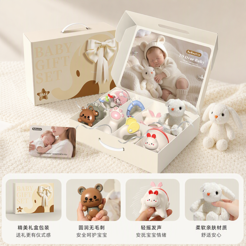 Beige gift box baby rattle gift set, baby soothing toy, newborn gift creative packaging